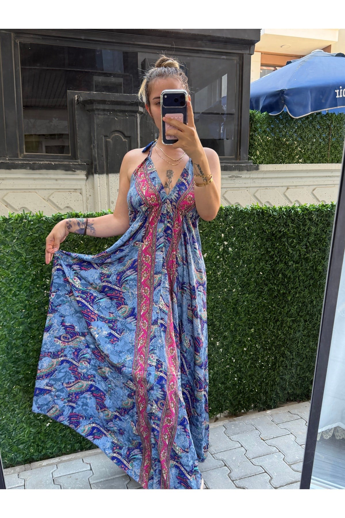 İthal İpek Bağlamalı Etnik Desen Sırt Dekolteli Elbise (36-46 BEDEN UYUMLU STANDART BEDENDİR)