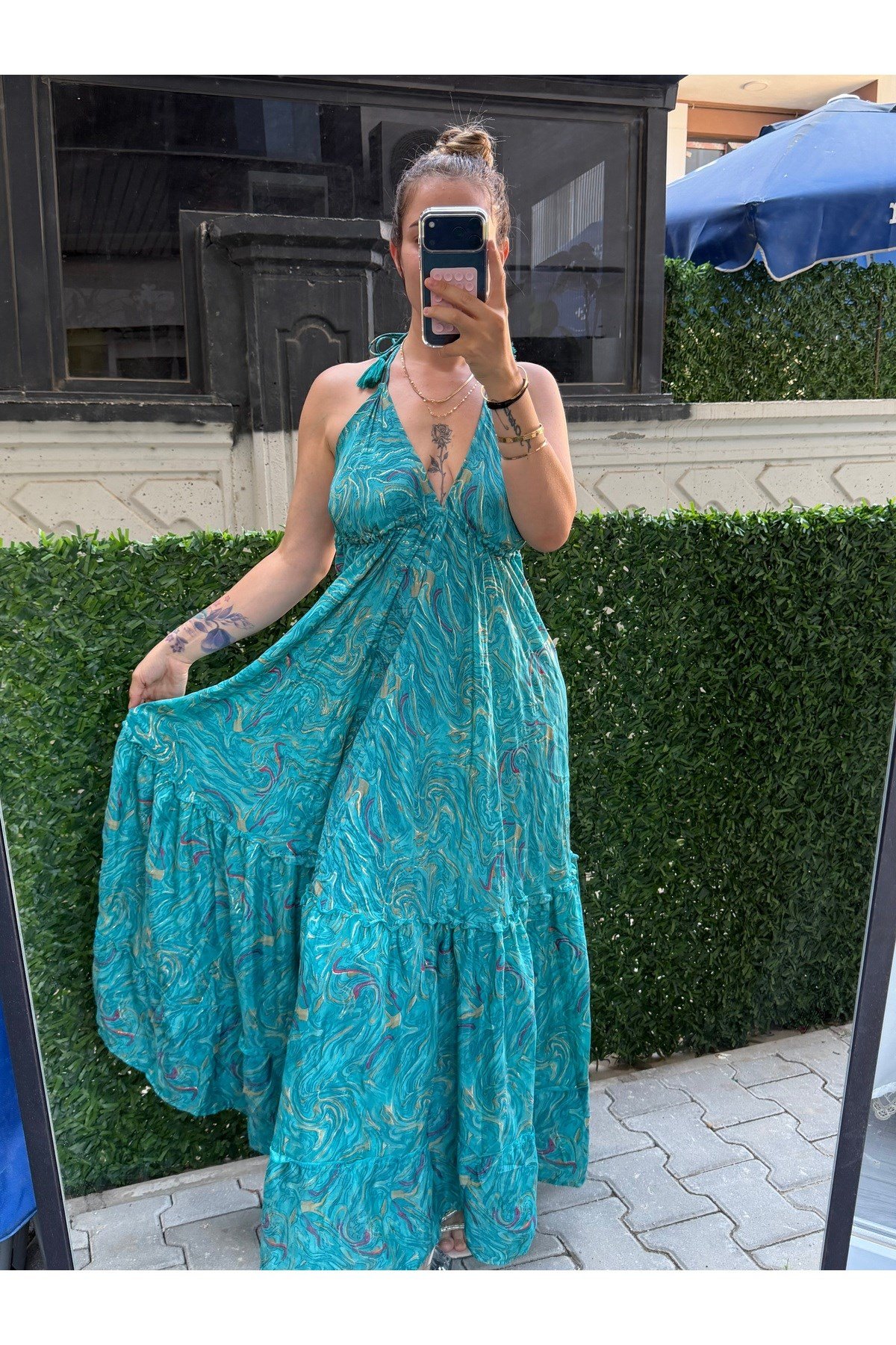 İthal İpek Bağlamalı Etnik Desen Sırt Dekolteli Elbise (36-46 BEDEN UYUMLU STANDART BEDENDİR)