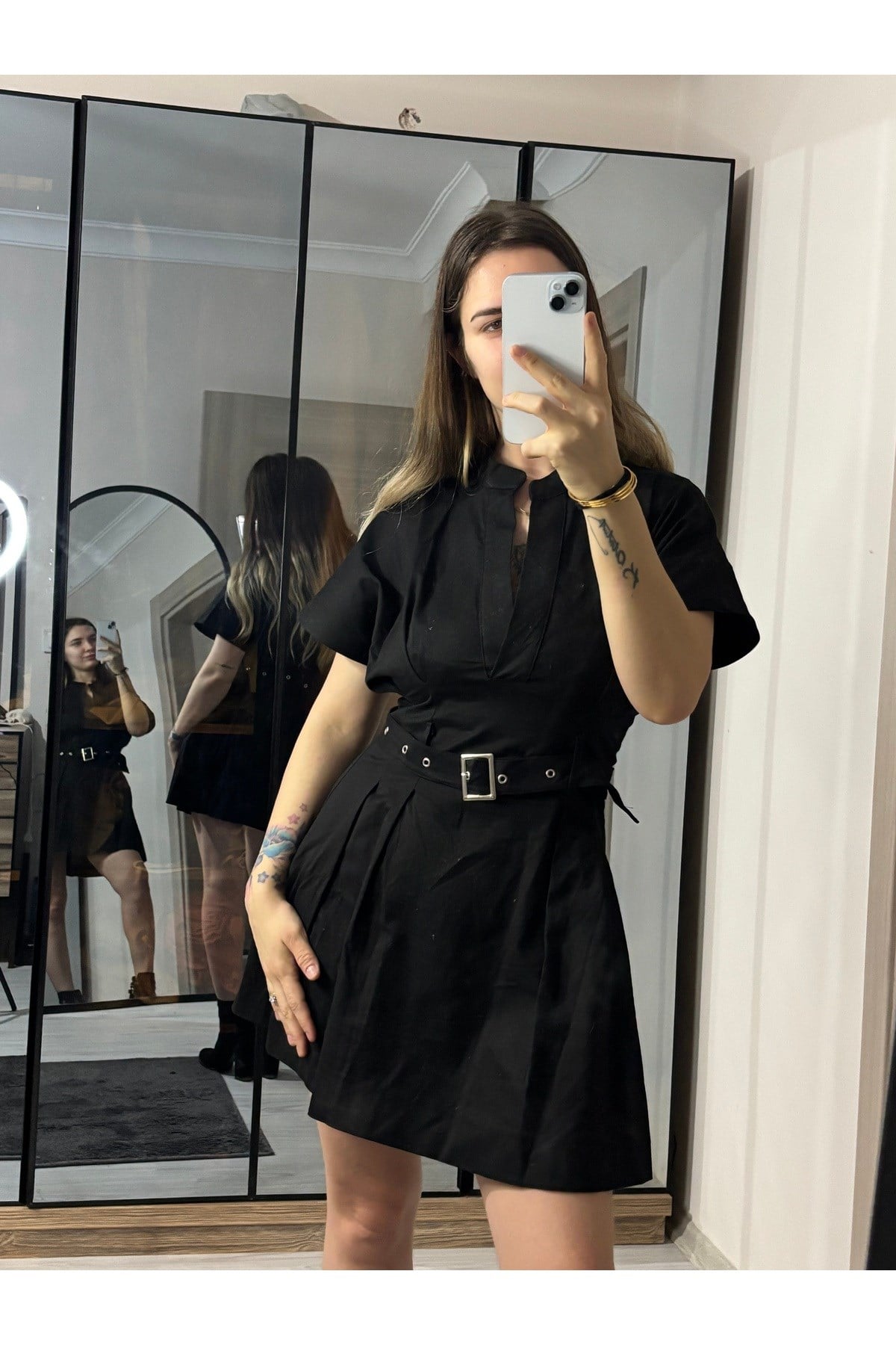 ZR Model Gabardin Kumaş Kemerli Mini Elbise