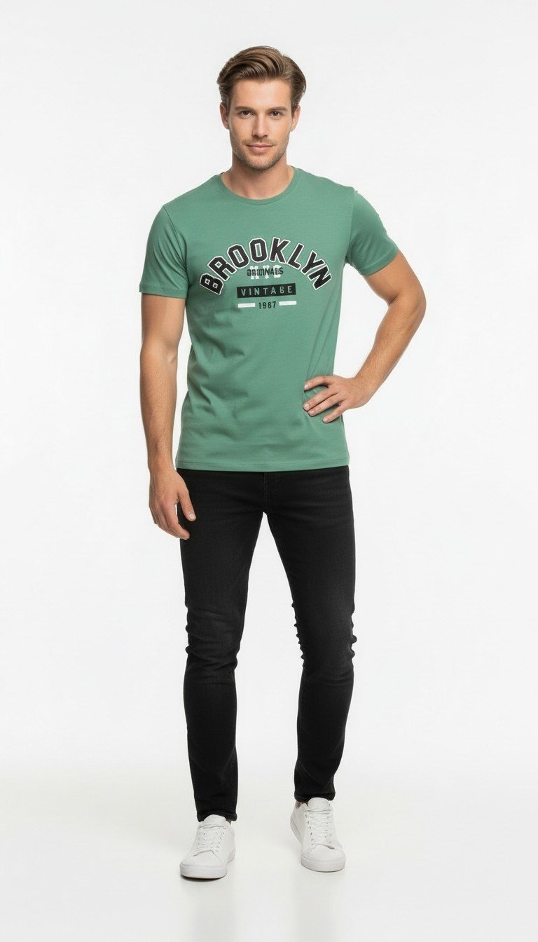 Brooklyn Vintage Baskılı Erkek Günlük T-Shirt Spor Kesim