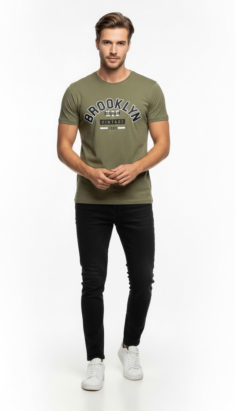 Brooklyn Vintage Baskılı Erkek Günlük T-Shirt Spor Kesim
