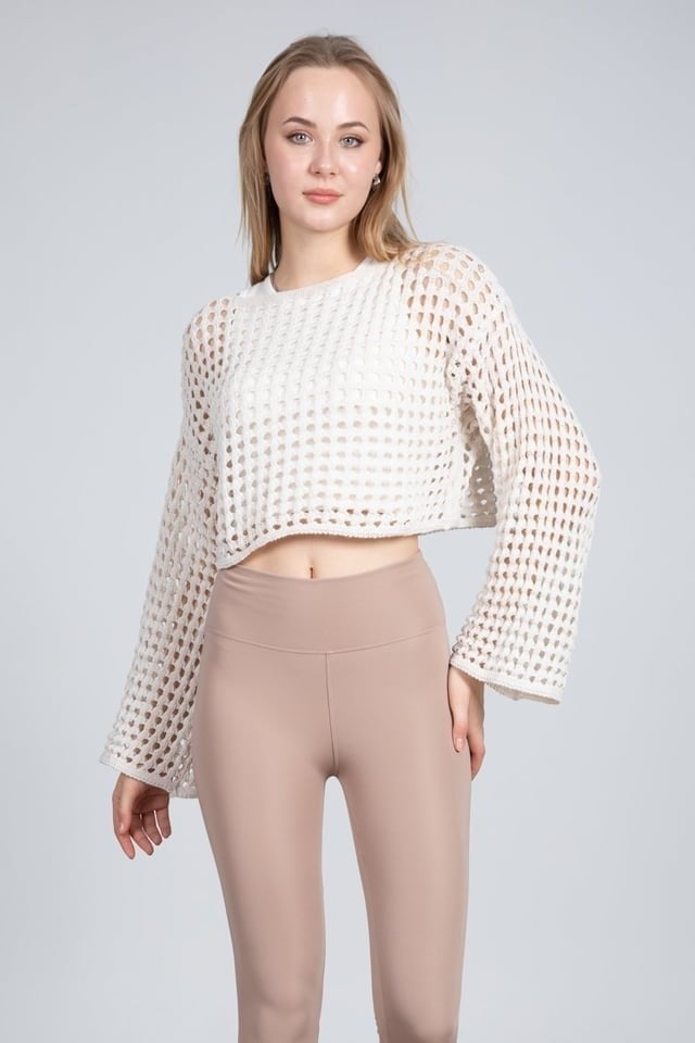 Ekru Ajurlu Crop Bluz