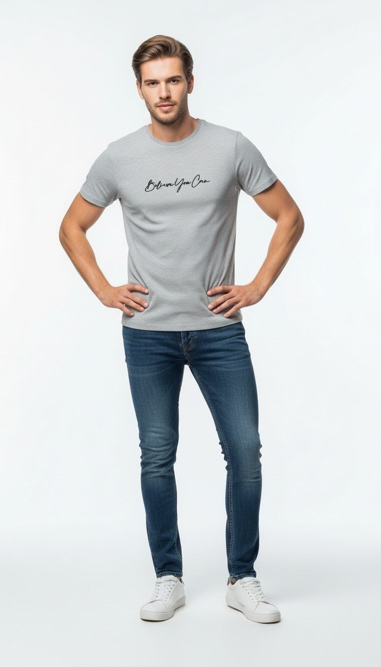 Erkek Minimal İmza Baskılı Slim Fit Günlük T-Shirt