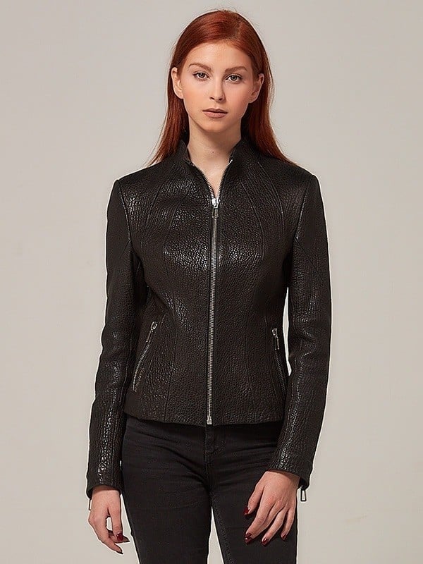 Hakiki Deri Slim Fit Kadın Ceket – Dik Yaka, Fermuarlı Zamansız Tasarım