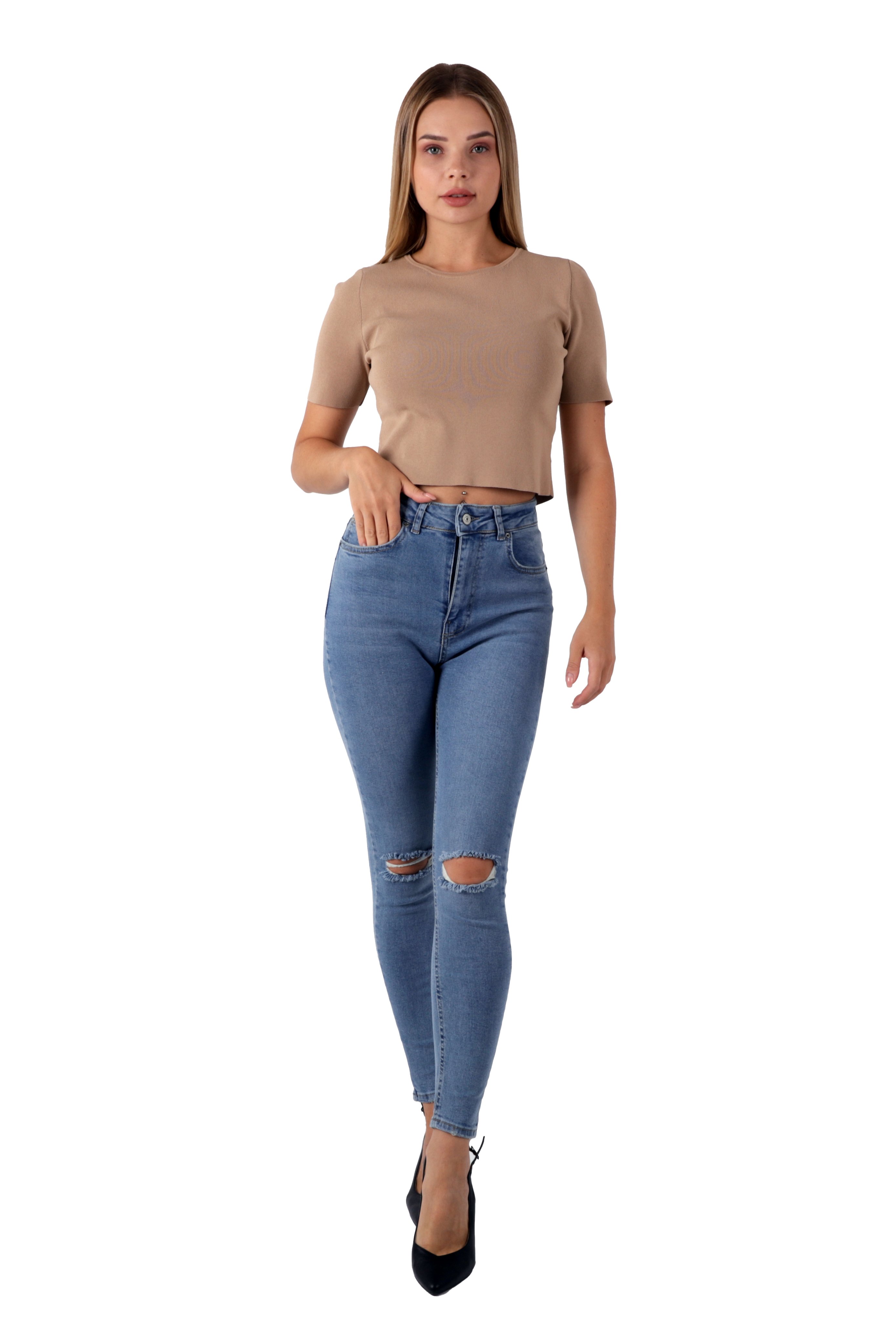 Mavi Renk Dar Paça Diz Yırtık Yüksek Bel Jeans
