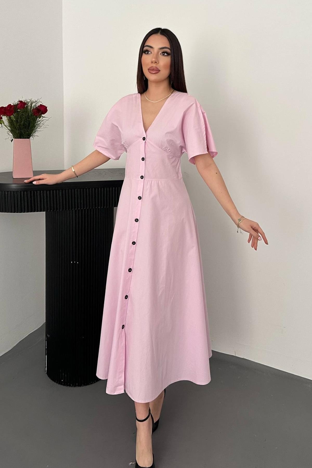 Pembe Düğmeli Midi Boy Poplin Elbise