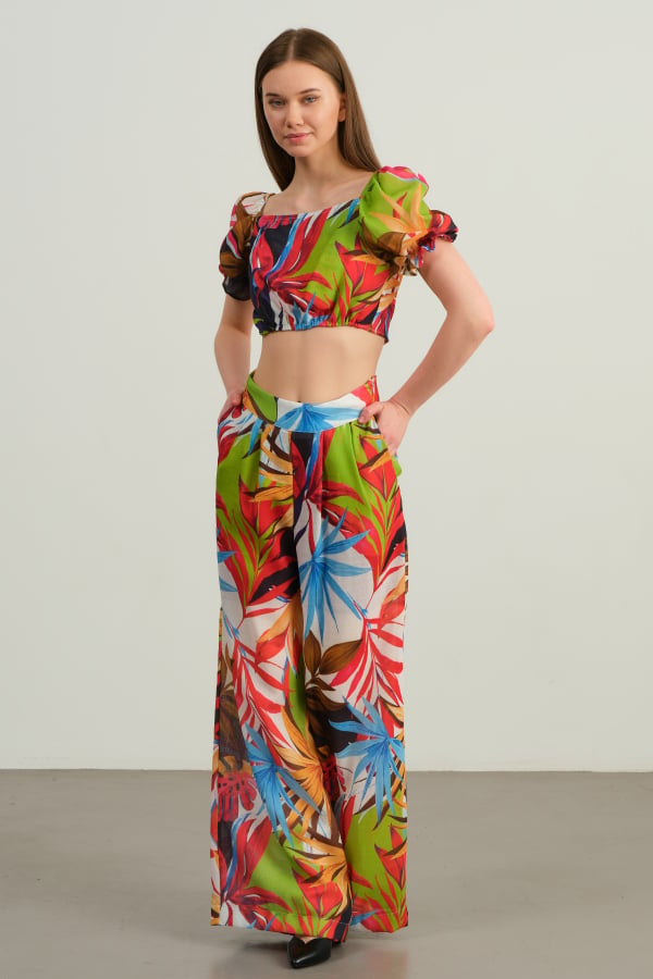 Tropikal Desenli Crop Bluz & Palazzo Pantolon Takım