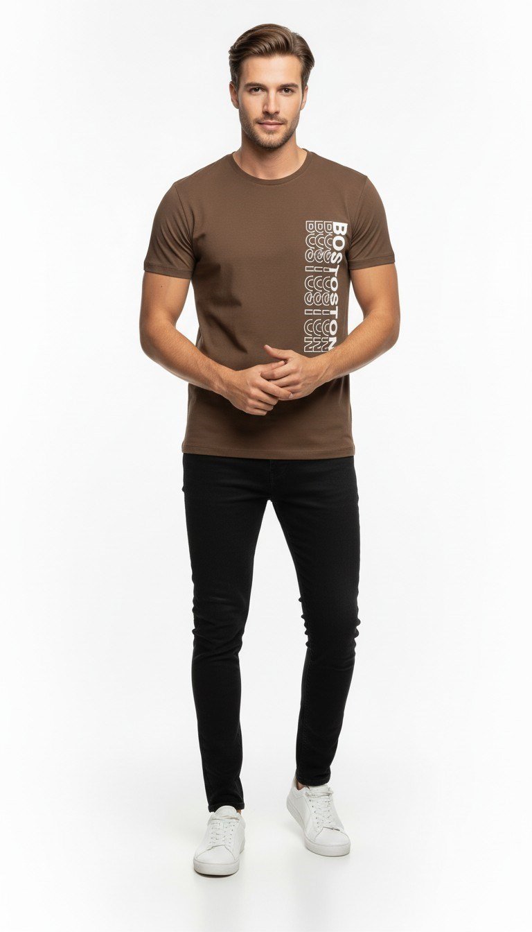 Urban Boston Dikey Baskı Erkek Tişört – Slim Fit, Sokak Stili Günlük T-Shirt