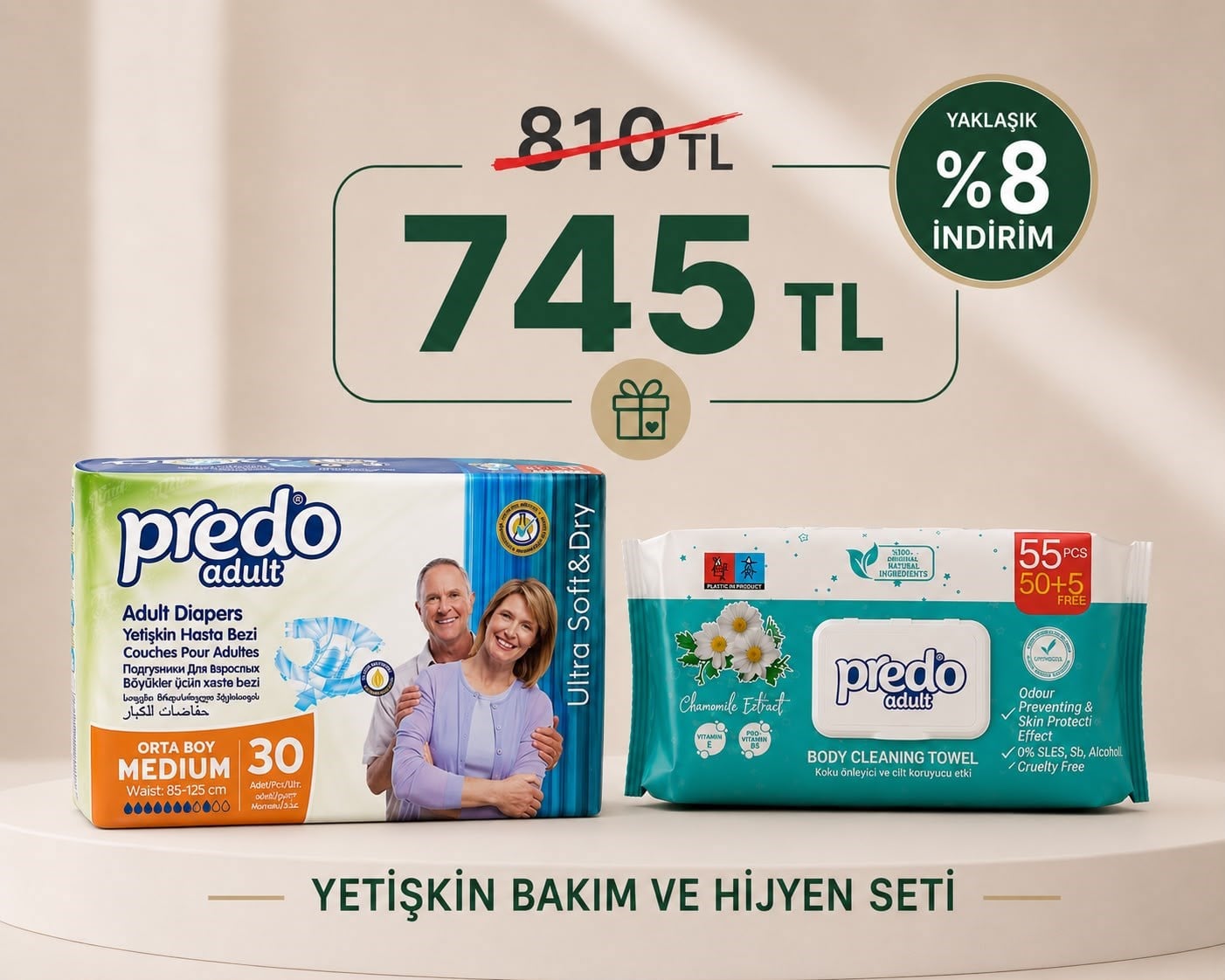 PREDO Yetişkin Bel Bantlı Bez M Beden ve PREDO Vücut Temizleme Havlusu ( SET)