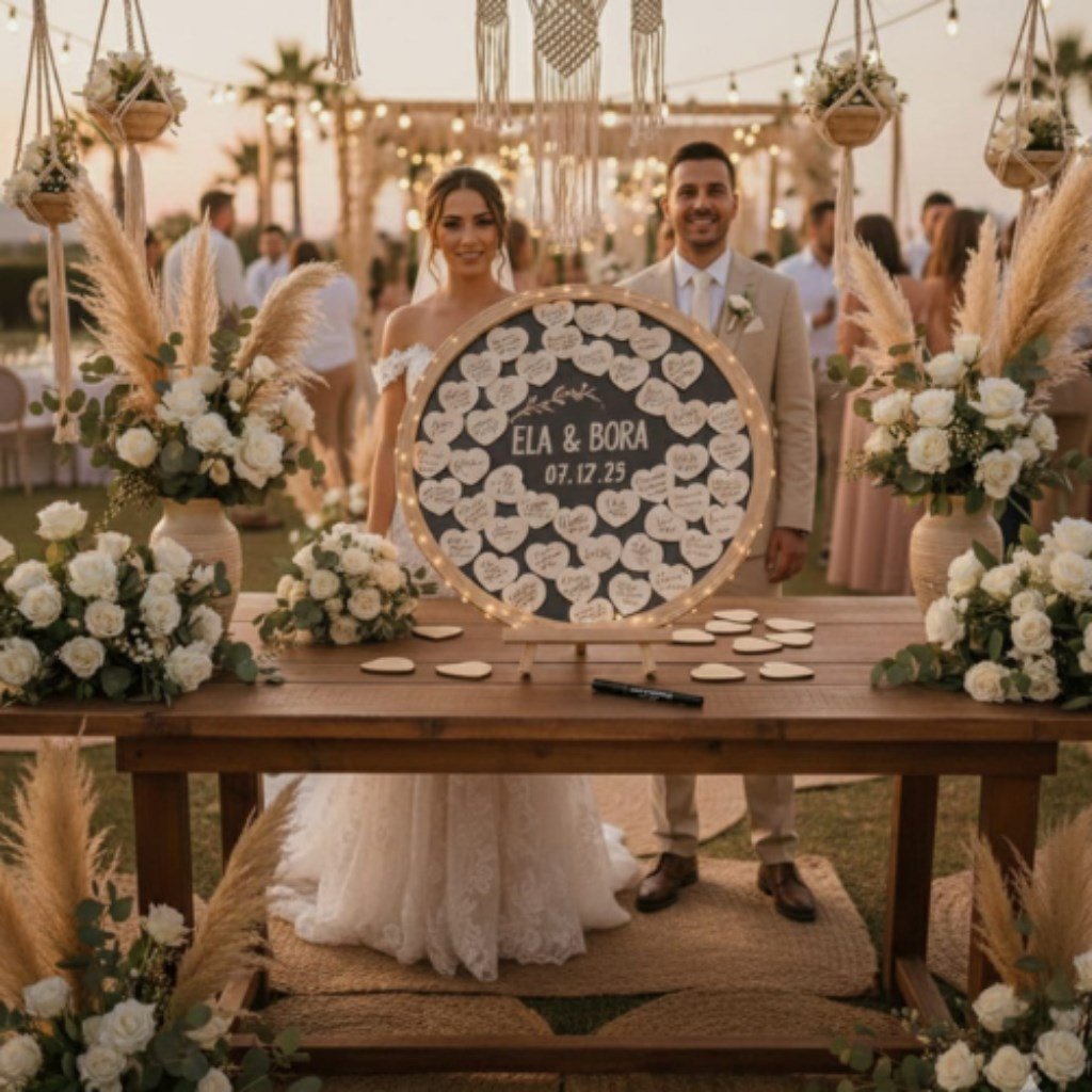 Kişiye Özel Yaprak Motifli İsimlikli Yuavarlak Siyah Ahşap Düğün Anı Kutusu (50 cm Set)