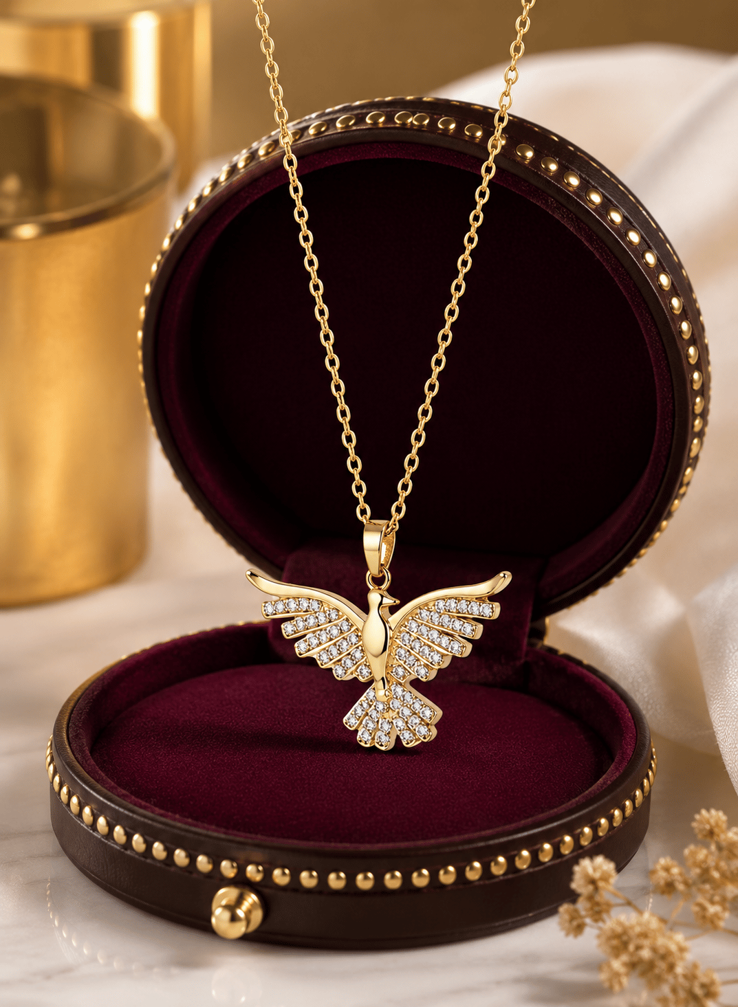 Anka Kuşu Gold Renk Zirkon Taşlı Çelik Kolye , Sevgililer Günü, Eşe, Anneye, Arkadaşa Hediye