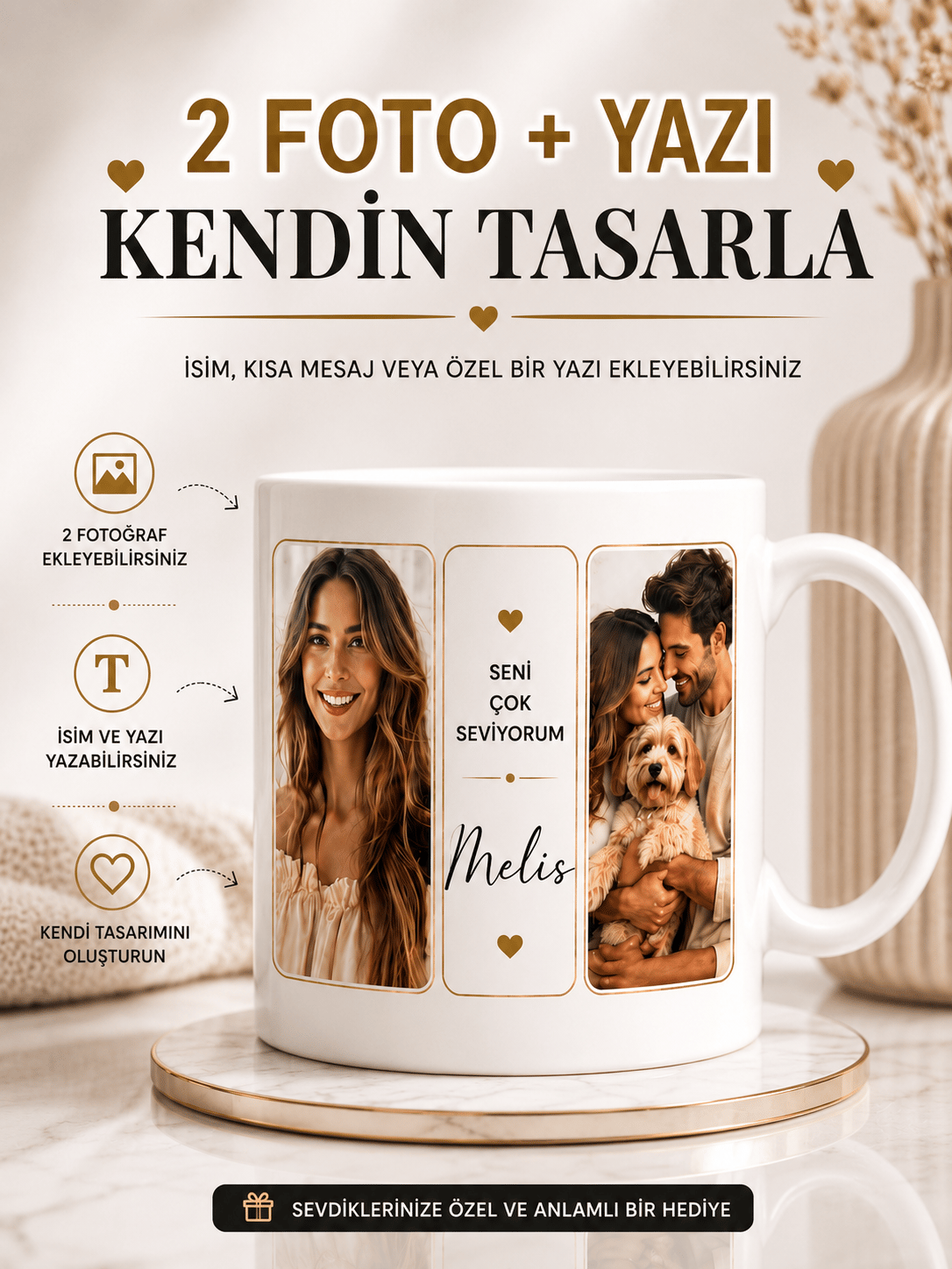 Kendin Tasarla Kişiye Özel Kahve Kupa Bardak , 2 Fotoğraf + İsim/Yazı Baskılı, Çift Taraflı Baskı Eşe, Sevgiliye, Arkadaşa Hediye