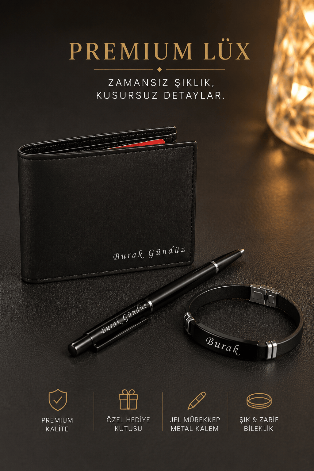 Kişiye Özel Lüks Erkek Hediye Seti , Metal Jel Kalem, Deri Cüzdan ve Şık Bileklik Sevgiliye, Eşe, Arkadaşa