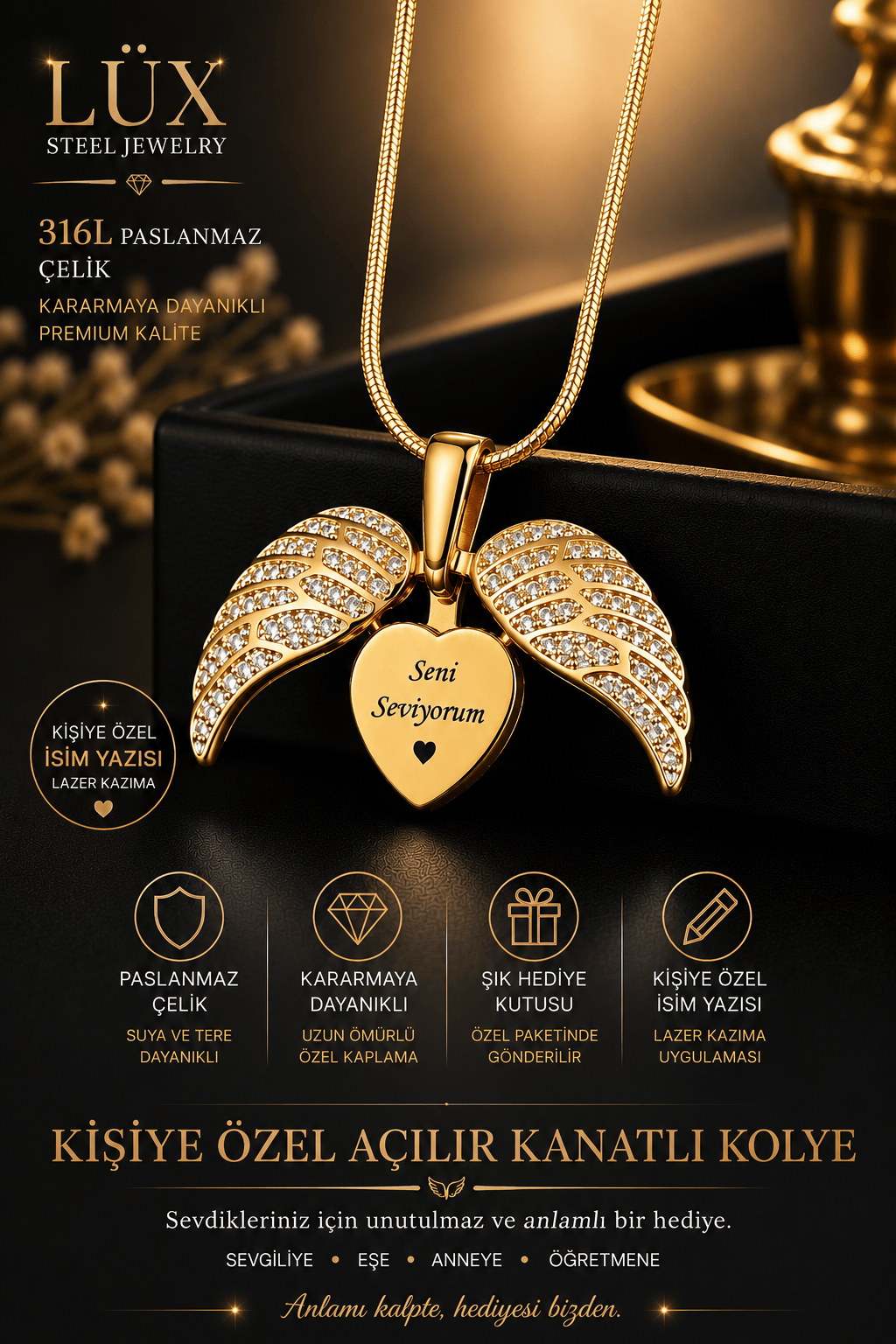 Kişiye Özel Melek Kanatlı İsim Yazılı Gold Kalp Kolye, Açılır Kanatlı Şık Çelik Kolye Sevgiliye Öğretmene