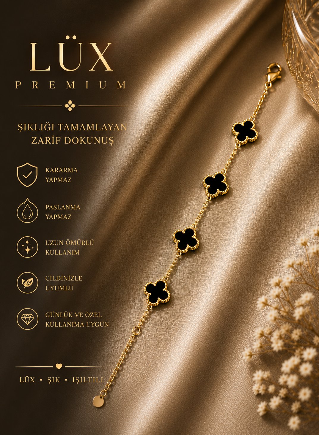 Premium Gold Yonca Kadın Bileklik Eşe, Sevgiliye, Arkadaşa, Anneye Hediye