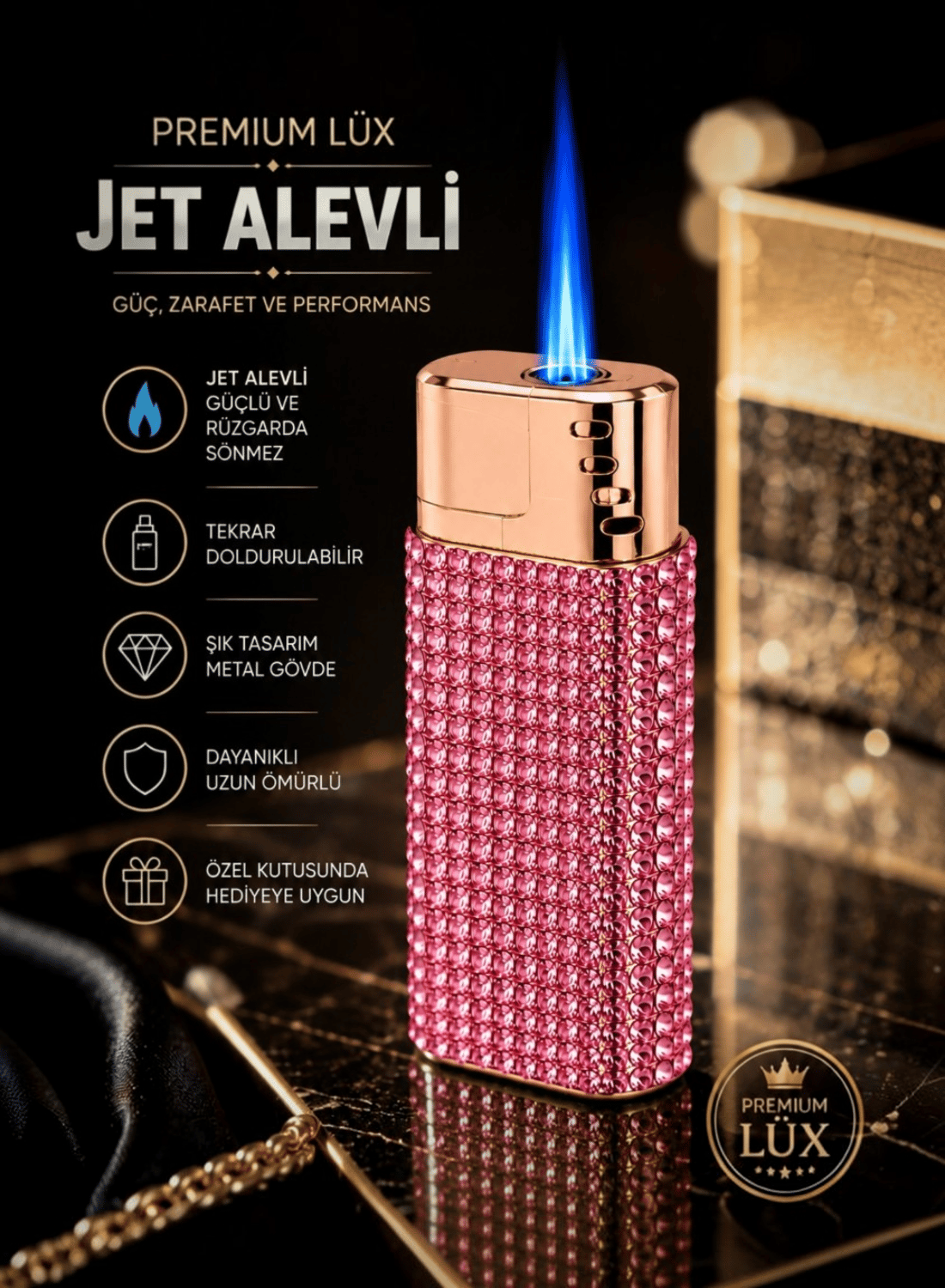 Premium Lüx Jet Alevli Çakmak Şeker Pembesi  Zirkon Taş İşlemeli Çakmak Eşe, Arkadaşa, Sevgiliye, Babaya, Anneye  Hediye