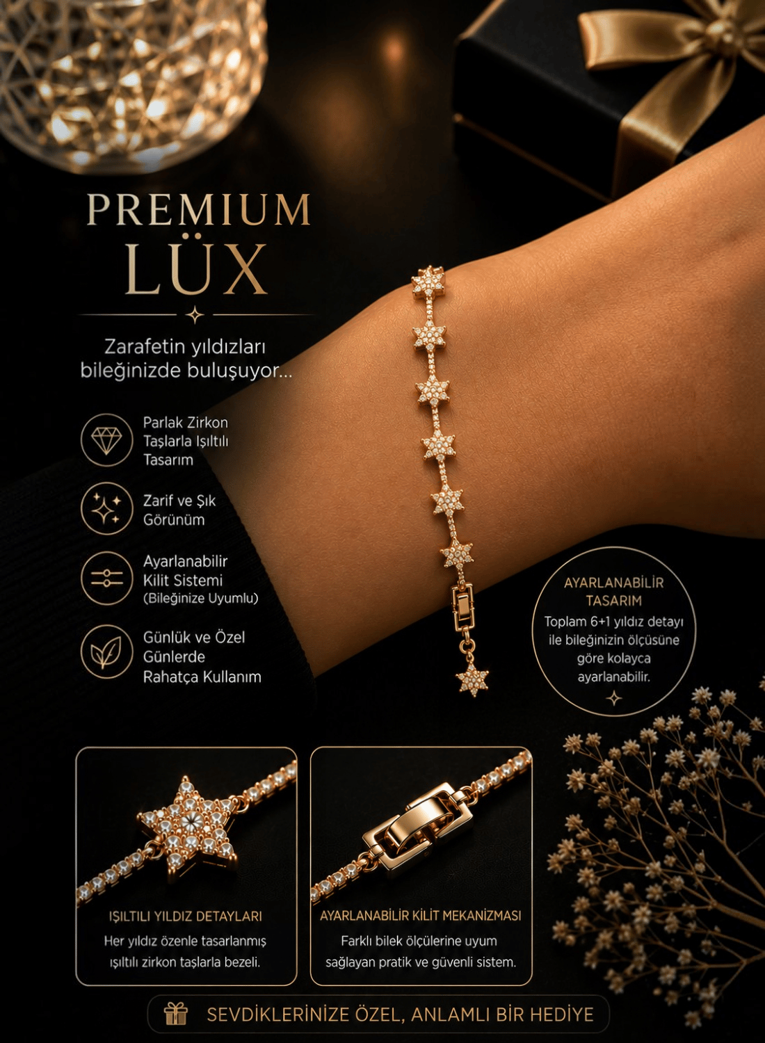 Premium Lüx Yıldız Zirkon Taşlı Ayarlanabilir Bileklik Eşe, Sevgiliye, Arkadaşa, Annneye Hediye