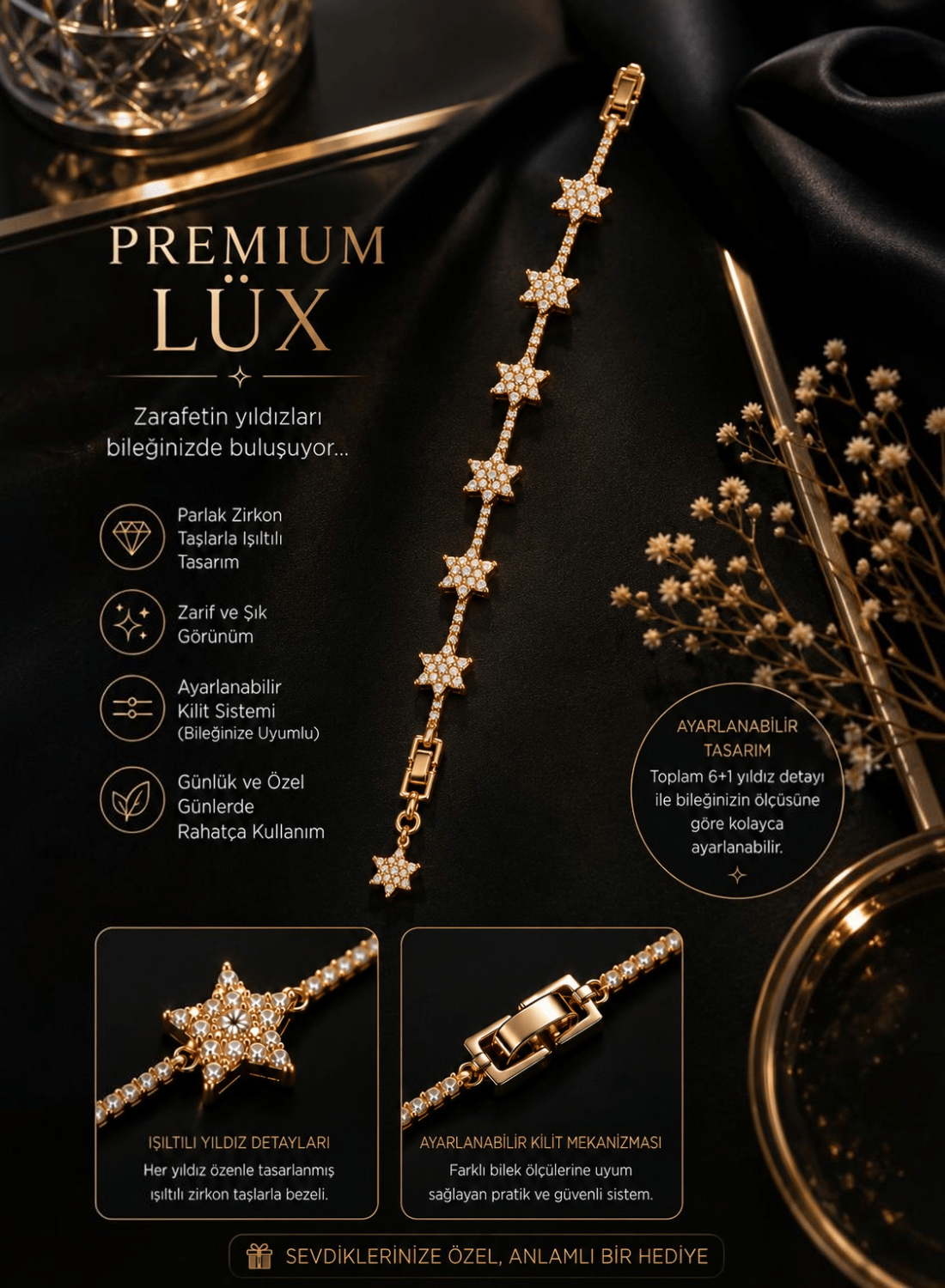 Premium Lüx Yıldız Zirkon Taşlı Ayarlanabilir Bileklik Eşe, Sevgiliye, Arkadaşa, Annneye Hediye