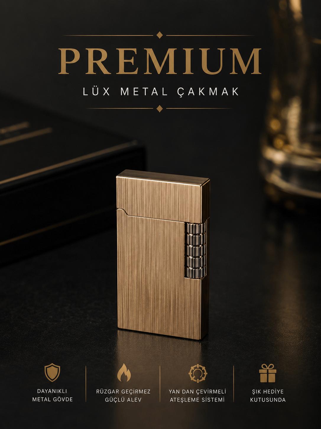 Premium Rose Gold Metal Çakmak Yandan Çarklı Ateşleme, Özel Kutusunda ve hediye paketinde. Eşe, Sevgiliye Hediye