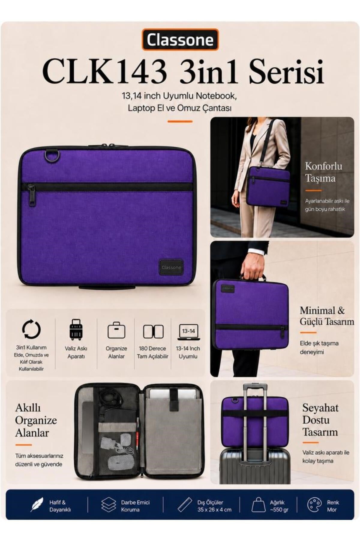 Classone 3in1 Serisi CLK143 13,14 inch Uyumlu Tablet Laptop El ve Omuz Çantası Mor