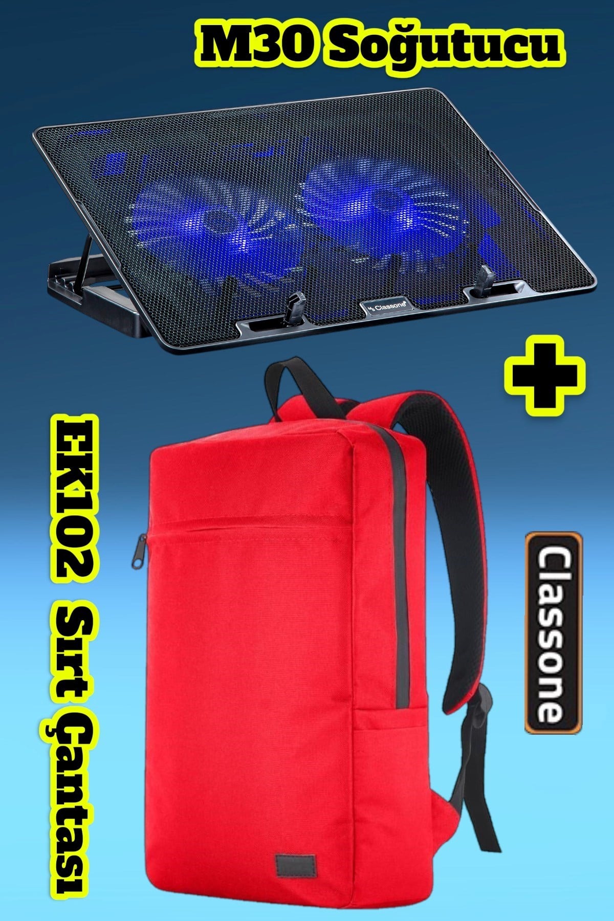Classone PR-EK102 15,6' Su Geçirmez Kumaş Notebook Sırt Çantası+M30 Notebook Soğutucu 
