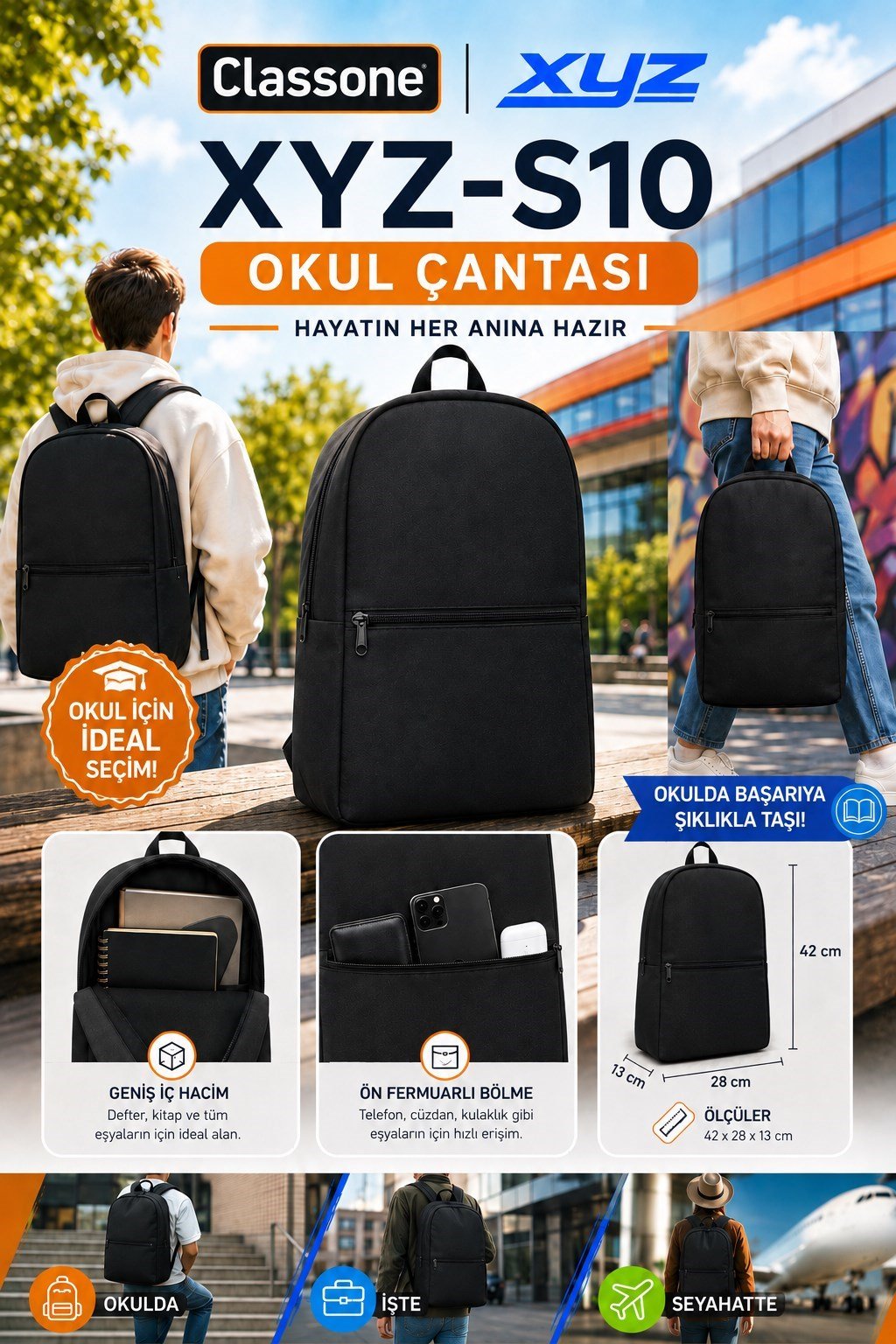 Classone XYZ Eko Serisi XYZ-S10 Günlük Kullanım,Unisex Okul,Sırt Çantası