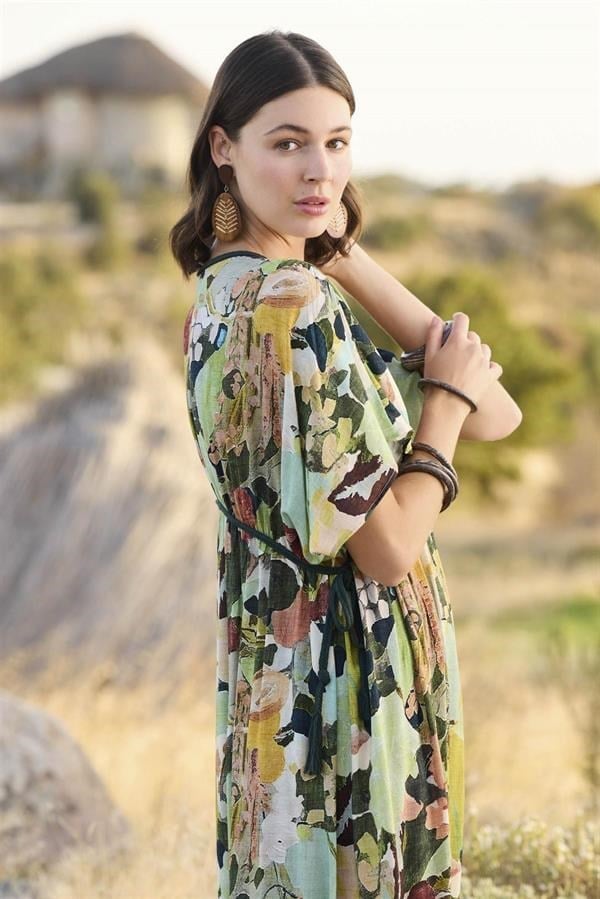 Arias Closet %100 Viskon Çiçek ve Yaprak Desenli Kısa Kollu Elbise