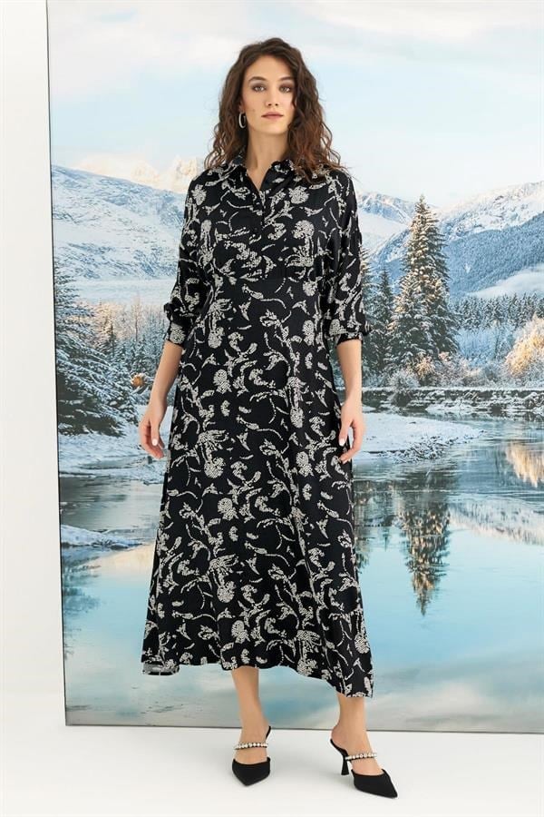 Arias Closet %100 Viskon Desenli Truvakar Kollu Saten Elbise