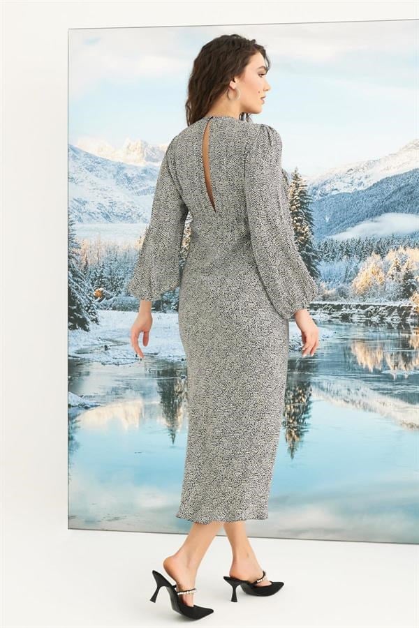 Arias Closet %100 Viskon Desenli Uzun Kollu Saten Elbise