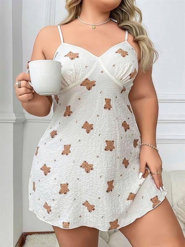 Arias Closet Büyük Beden Ayıcık Desenli İnce Askılı Mini Gecelik