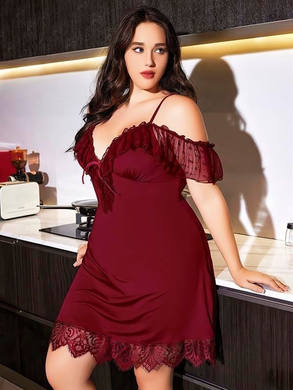 Arias Closet Büyük Beden Bordo Dantel İşlemeli İnce Askılı Gecelik