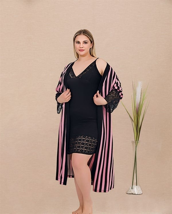 Arias Closet Büyük Beden Çizgi Desenli Dantel İşlemeli 2'li Viskon Siyah Gecelik Sabahlık Takımı