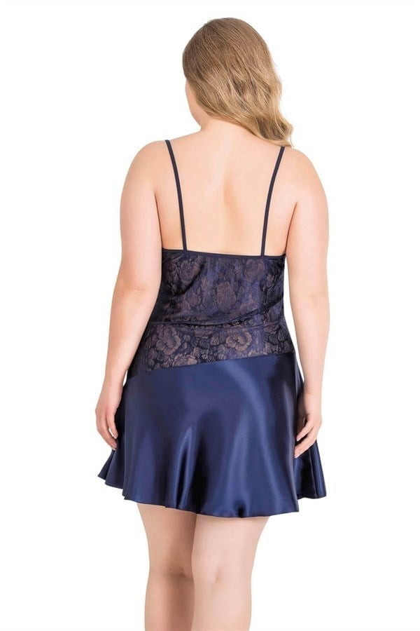 Arias Closet Büyük Beden Lacivert Kısa Saten Gecelik
