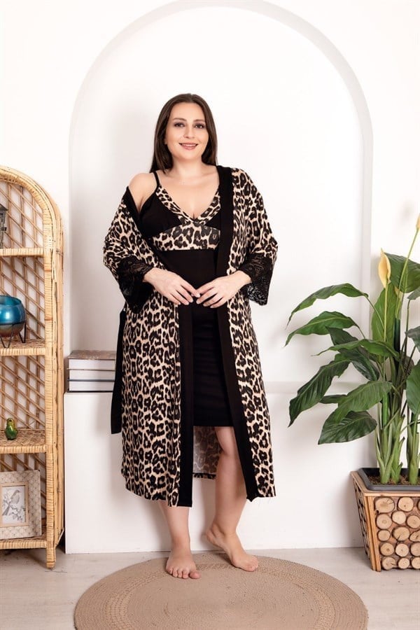 Arias Closet Büyük Beden Leopar Desenli Dantel İşlemeli 2'li Viskon Gecelik Sabahlık Takımı