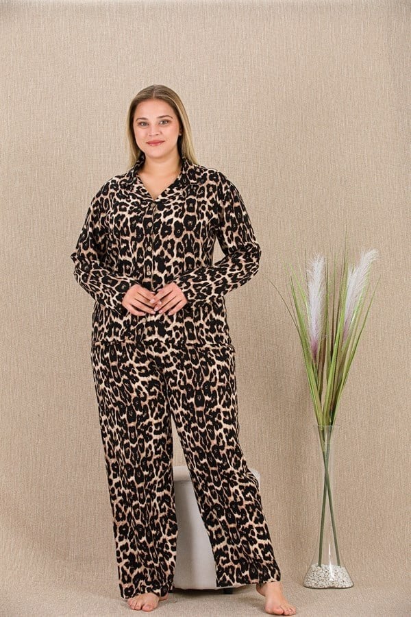 Arias Closet Büyük Beden Leopar Desenli Düğmeli Uzun Kol Viskon Pijama Takımı