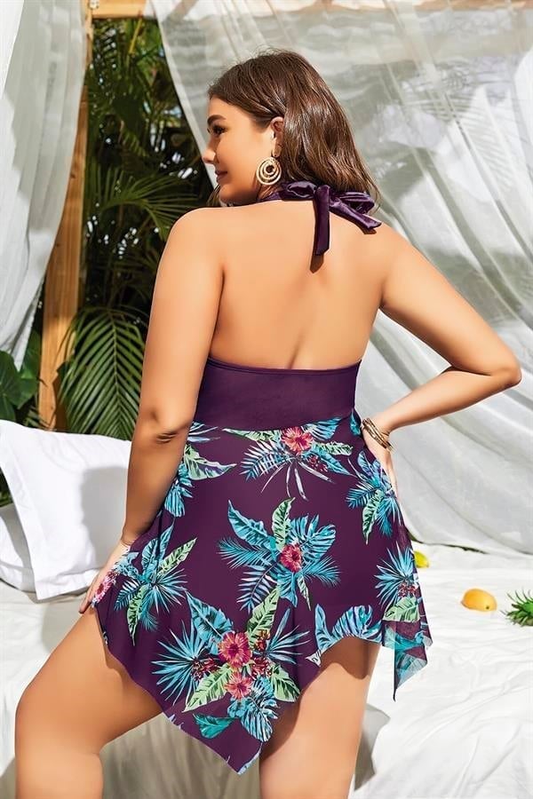 Arias Closet Büyük Beden Mor Üstüne Çiçek Desenli Boyundan Bağlamalı Elbise