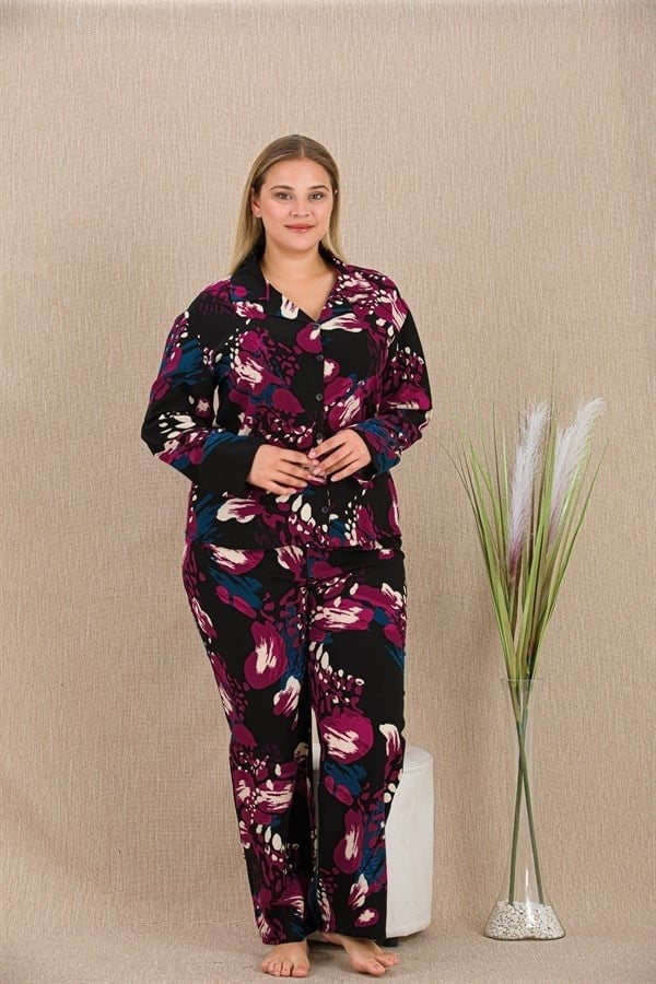 Arias Closet Büyük Beden Renkli Desenli Düğmeli Uzun Kol Viskon Pijama Takımı