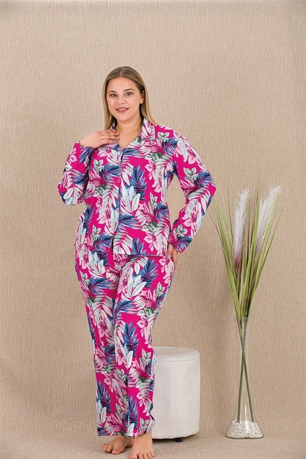 Arias Closet Büyük Beden Renkli Yaprak Desenli Düğmeli Uzun Kol Viskon Pijama Takımı