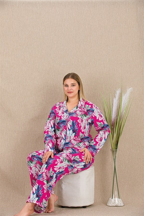 Arias Closet Büyük Beden Renkli Yaprak Desenli Düğmeli Uzun Kol Viskon Pijama Takımı