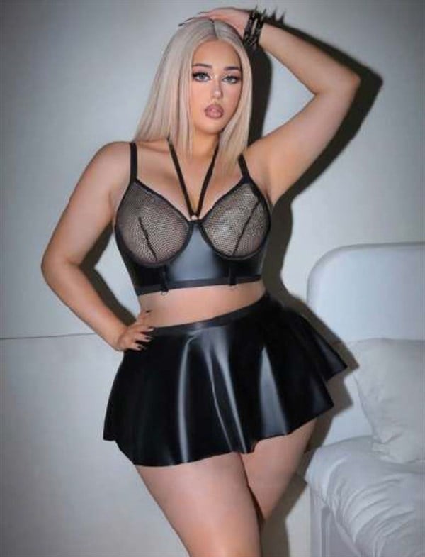 Arias Closet Büyük Beden Siyah Deri Görünümlü Fileli Etekli Fantezi Takım