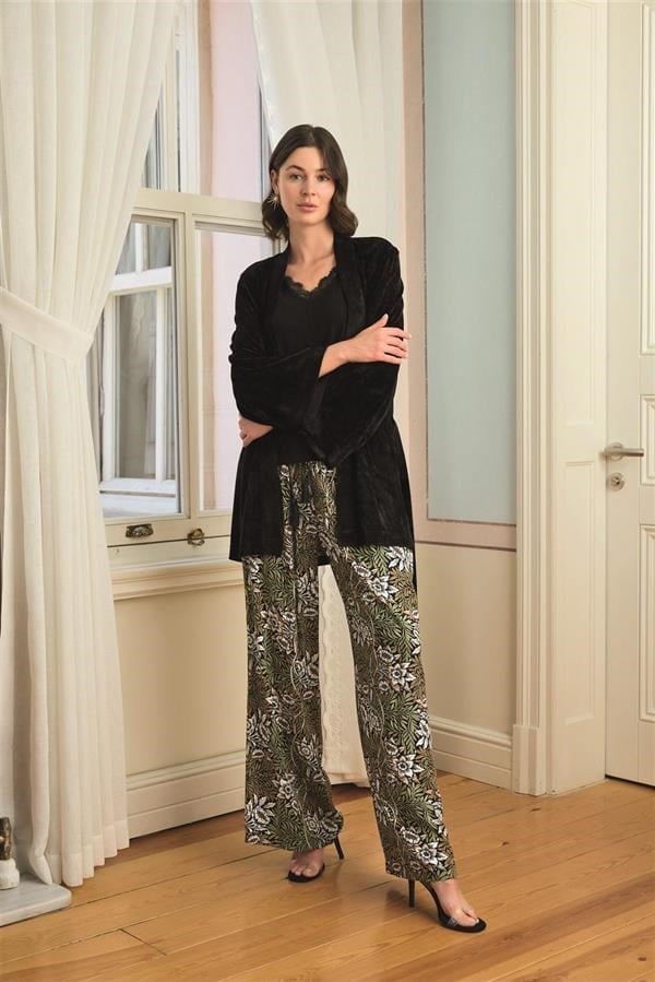 Arias Closet Çiçek Yaprak ve Etnik Desenli Dantelli 3'lü Pijama Takımı