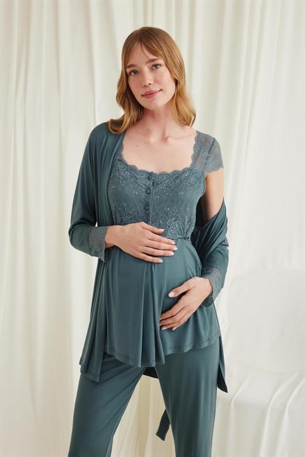 Arias Closet Dantelli Önü Düğmeli Hamile Lohusa 3'lü Viskon Pijama Takımı