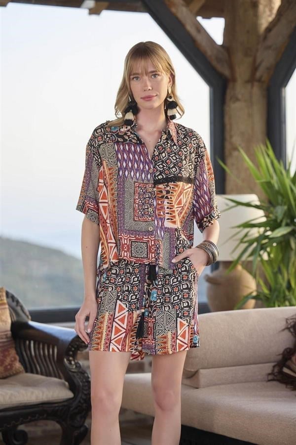 Arias Closet Etnik Desenli Önü Düğmeli Alt Üst Takım
