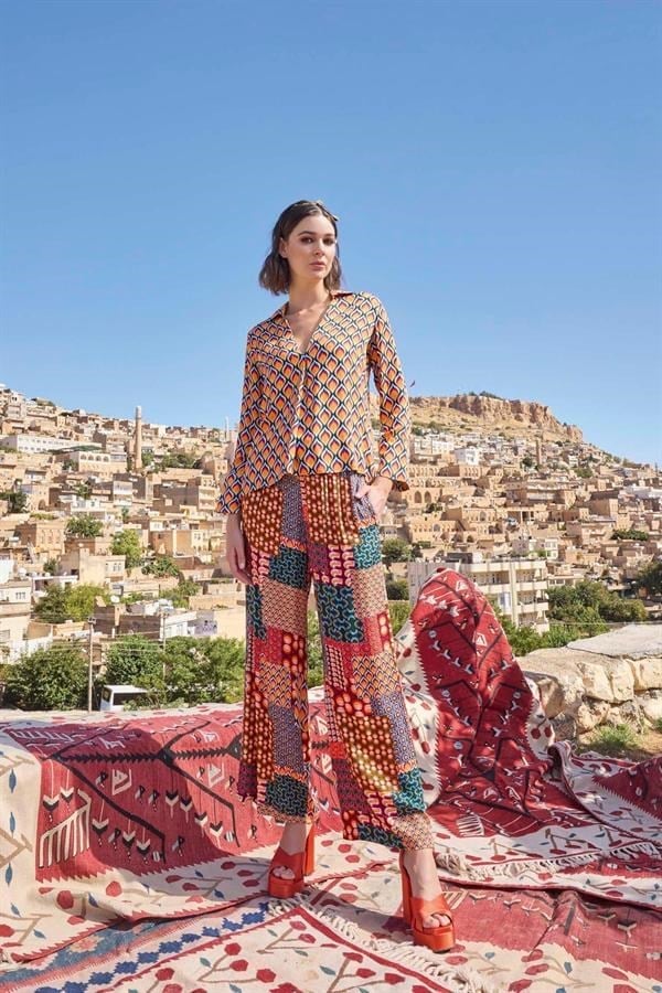 Arias Closet Etnik Desenli Saten Alt Üst Takım