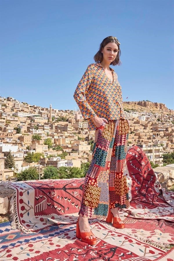 Arias Closet Etnik Desenli Saten Alt Üst Takım