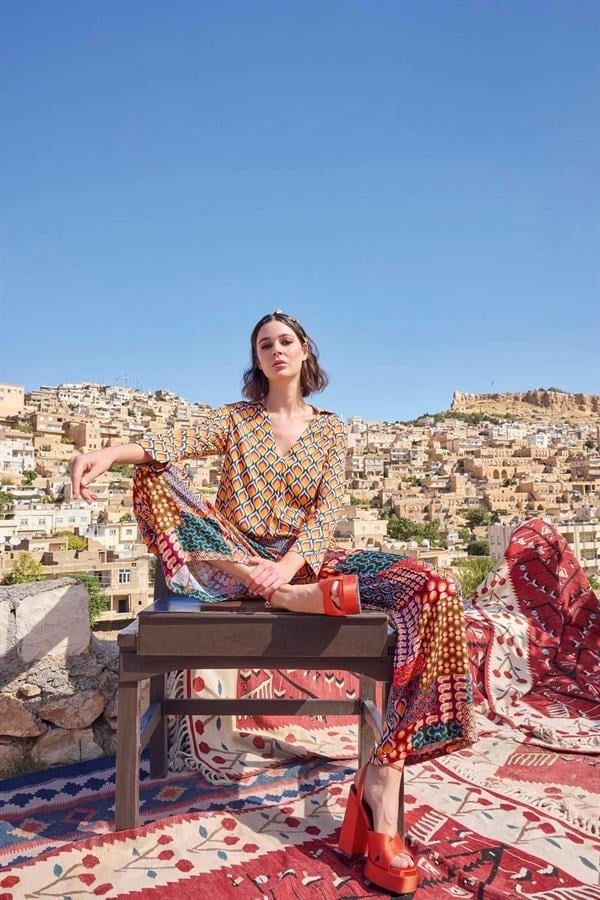 Arias Closet Etnik Desenli Saten Alt Üst Takım