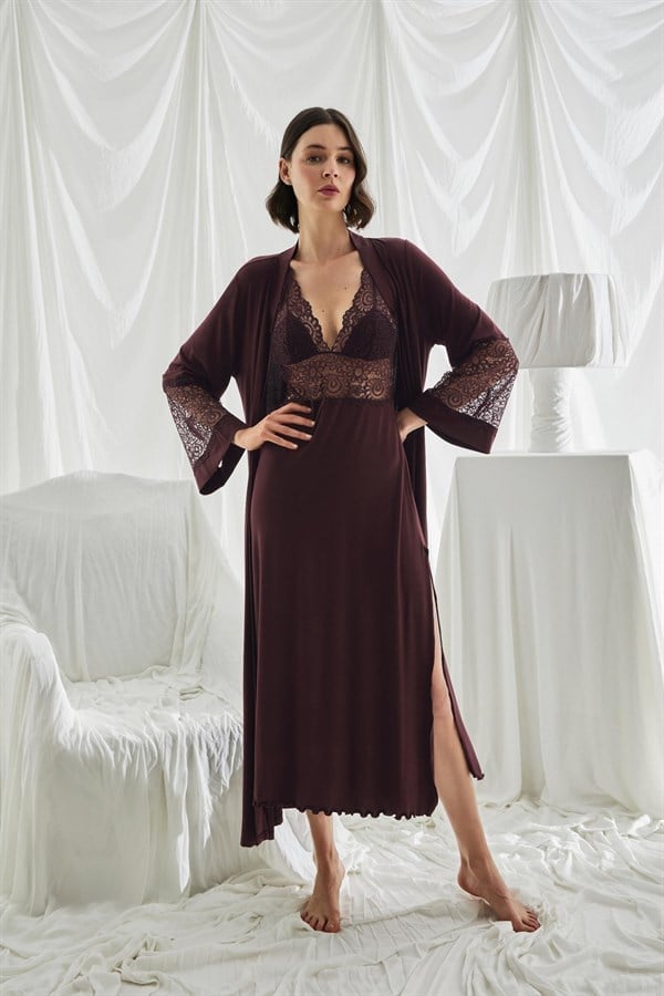 Arias Closet Göğüs ve Sırt Dekolteli Dantelli Sabahlık Takımı