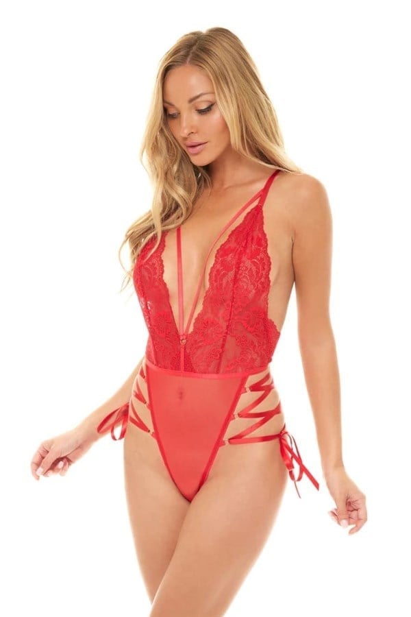 Arias Closet İp Detaylı Dantelli Kırmızı Transparan Fantezi Body