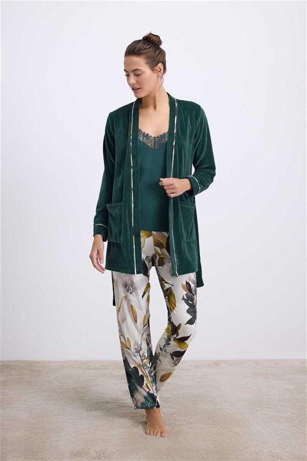 Arias Closet Kadife Sabahlık, Dantelli Atlet ve Desenli Pantolon Pijama Takımı