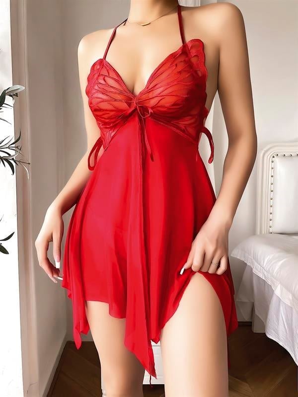 Arias Closet Kırmızı Kelebek İşlemeli Tül Fantezi Gecelik